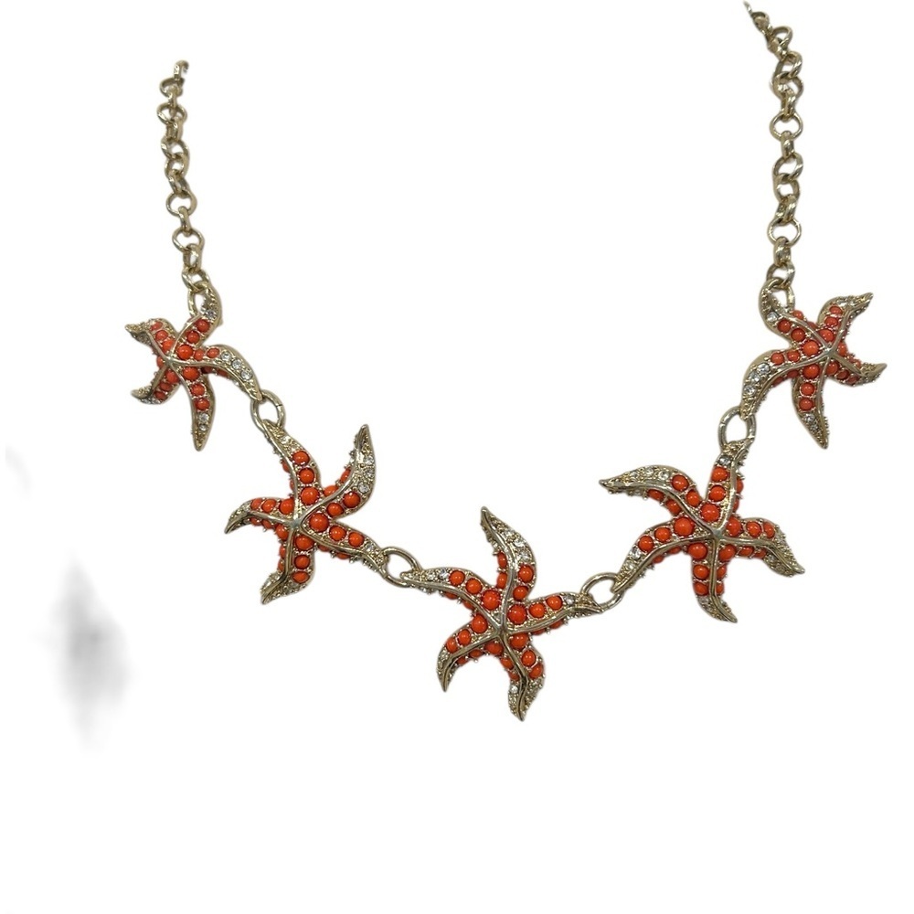 Ann Taylor Coral and Gold tone 5 Starfish Necklace toggle closure marked